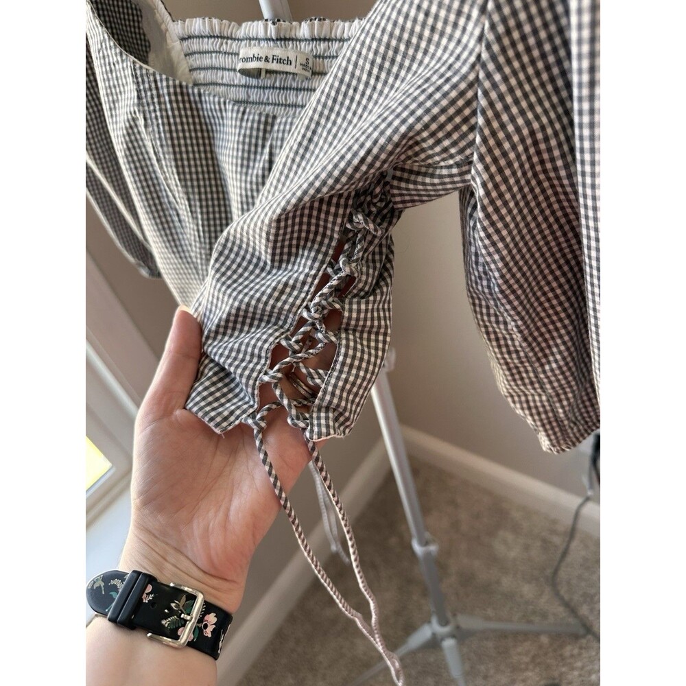 Abercrombie & Fitch Puff Sleeve Gingham Crop Top Milkmaid Peasant Lace Up Small - Picture 4 of 5
